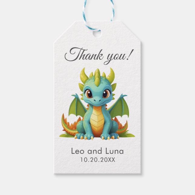 Whimsical Green Blue Dragon Thank You Gift Tag (Front)
