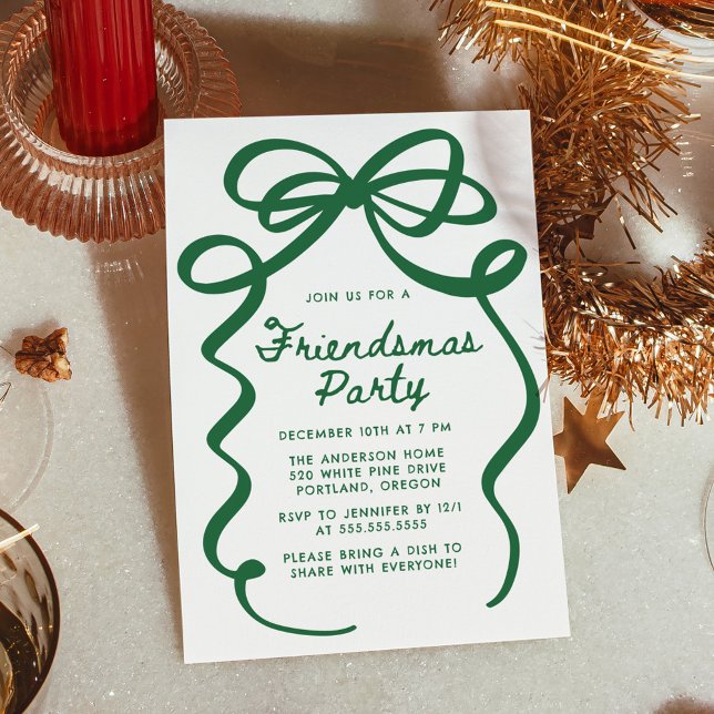 Whimsical Green Bow Friendsmas Christmas Party Invitation (Creator Uploaded)