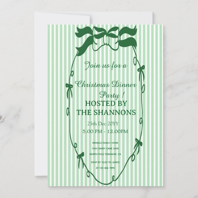 Whimsical Green Christmas Dinner Party Invitation (Front)