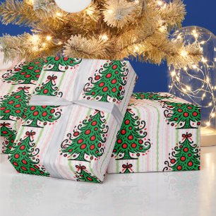 Whimsical Green Christmas Trees Pastel Stripes Wrapping Paper
