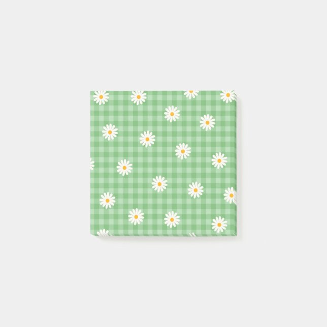 Whimsical Green Daisy Buffalo Plaid Retro Post-it Notes (Front)