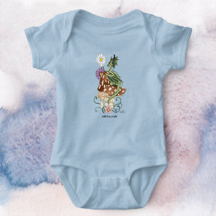 Whimsical Green Fantasy Dragon Mushroom Flowers Baby Bodysuit