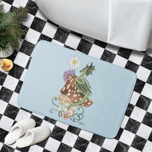 Whimsical Green Fantasy Dragon Mushroom Flowers Bath Mat