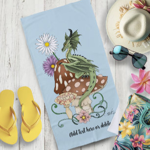 Whimsical Green Fantasy Dragon Mushroom Flowers Beach Towel