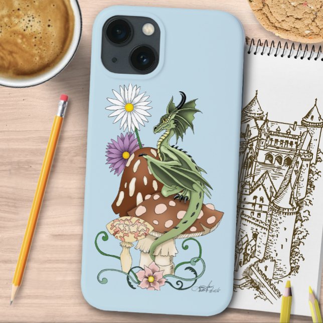 Whimsical Green Fantasy Dragon Mushroom Flowers Case-Mate iPhone Case (Creator Uploaded)
