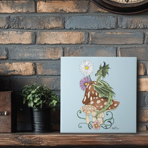Whimsical Green Fantasy Dragon Mushroom Flowers Ceramic Tile