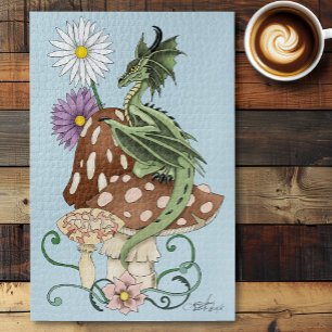 Whimsical Green Fantasy Dragon Mushroom Flowers Jigsaw Puzzle
