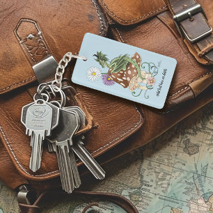 Whimsical Green Fantasy Dragon Mushroom Flowers Key Ring