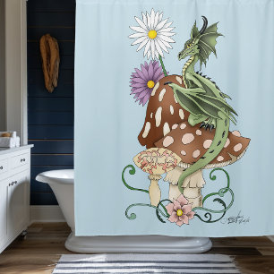 Whimsical Green Fantasy Dragon Mushroom Flowers Shower Curtain