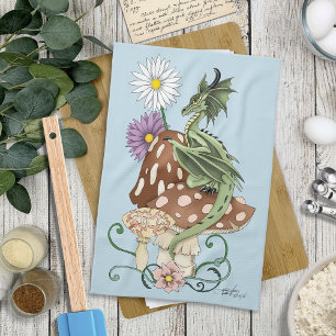 Whimsical Green Fantasy Dragon Mushroom Flowers Tea Towel