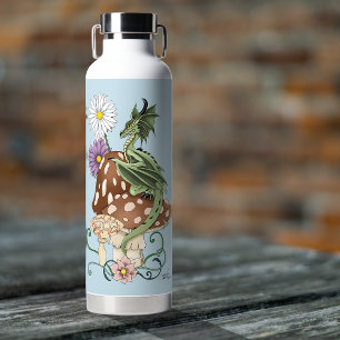 Whimsical Green Fantasy Dragon Mushroom Flowers Water Bottle