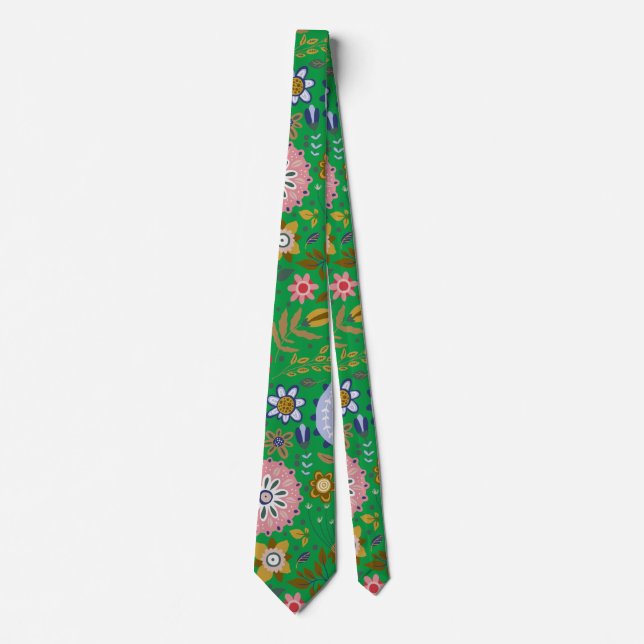 Whimsical Green Folk Art Flowers  Tie (Front)