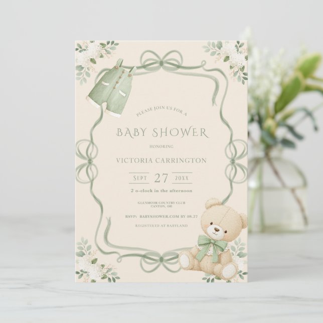 Whimsical Green Frame Beige Vintage Bear  Invitation (Standing Front)