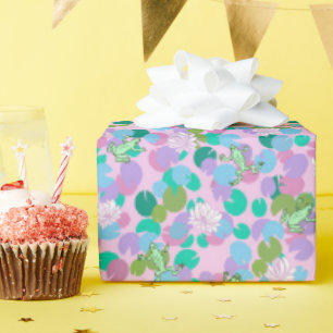 Whimsical Green Frogs and Lily Pads on pink Wrapping Paper