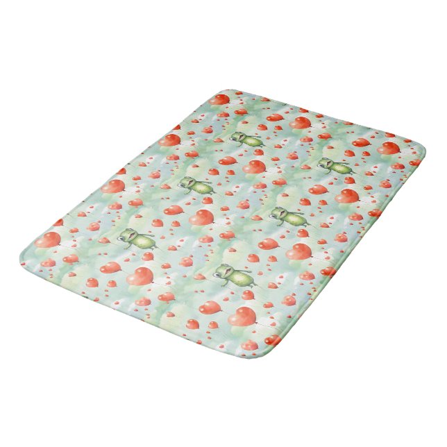 Whimsical green frogs red balloons bath mat (Angled)