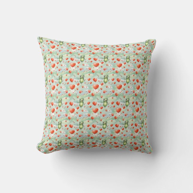 Whimsical green frogs red balloons cushion (Front)
