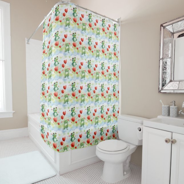 Whimsical green frogs red balloons shower curtain (In Situ)