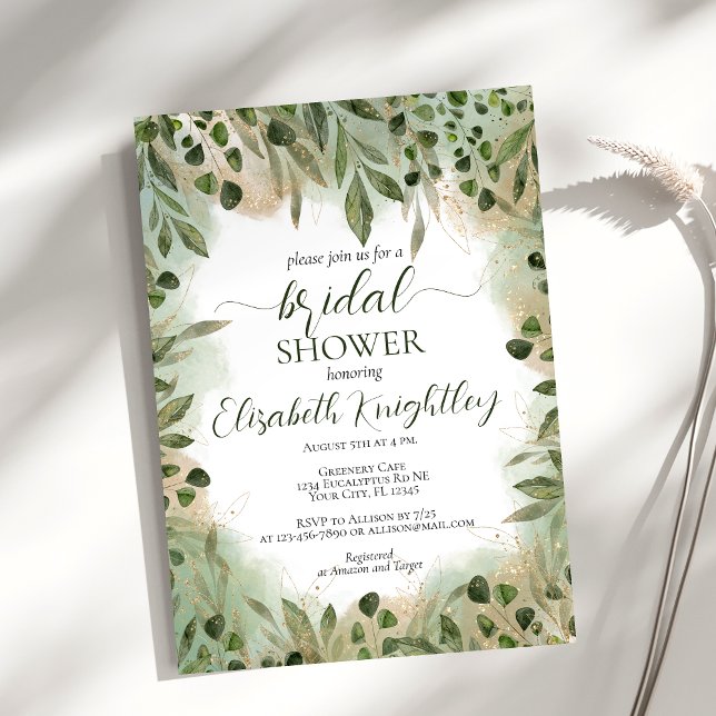 Whimsical Green Gold Greenery Script Bridal Shower Invitation (Creator Uploaded)