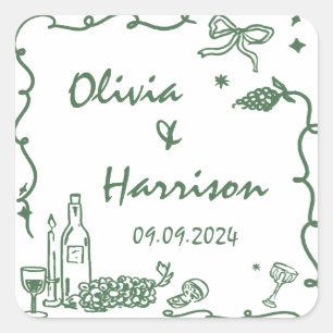 Whimsical Green Hand Drawn Wedding Square Sticker