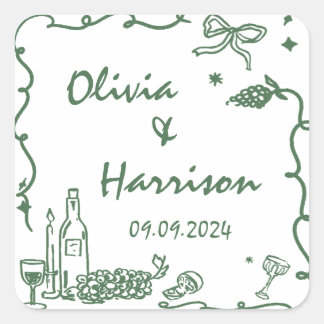 Whimsical Green Hand Drawn Wedding Square Sticker