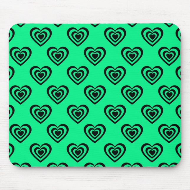 Whimsical Green Hypnotic Heart Pattern Valentine Mouse Pad (Front)