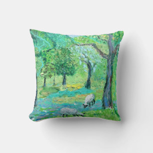 Whimsical Green Meadow Pillow with Grazing Sheep –