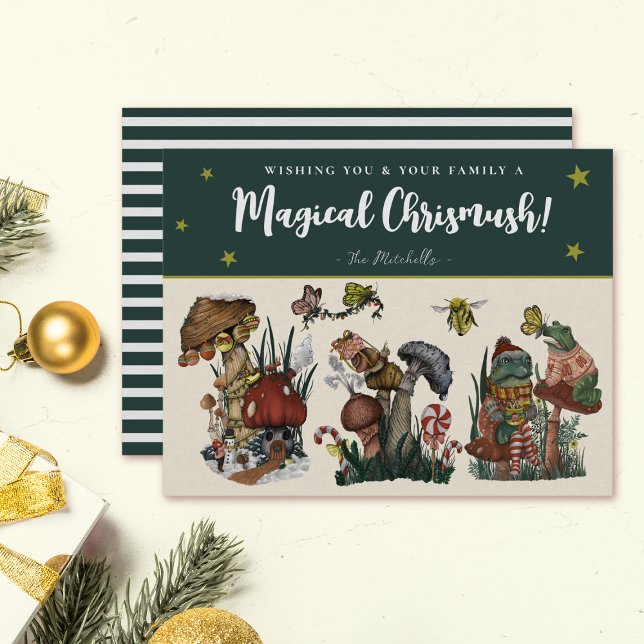 Whimsical Green Merry Mushroom and Frogs Christmas Holiday Card (Green magical mushroom christmas card with whimsical illustrations of mushrooms, frogs and snails)