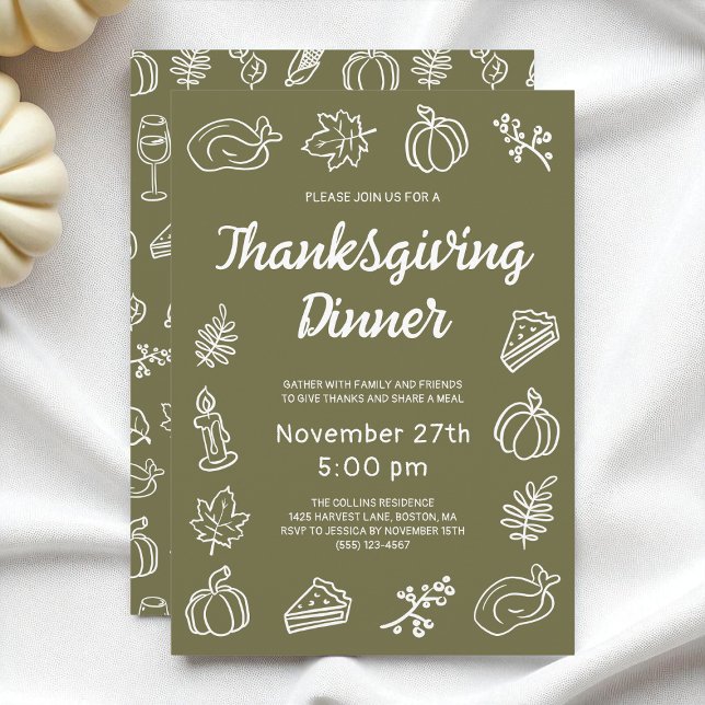 Whimsical Green Modern Doodle Thanksgiving Dinner Invitation (Whimsical Green Modern Doodle Thanksgiving Dinner Invitation)