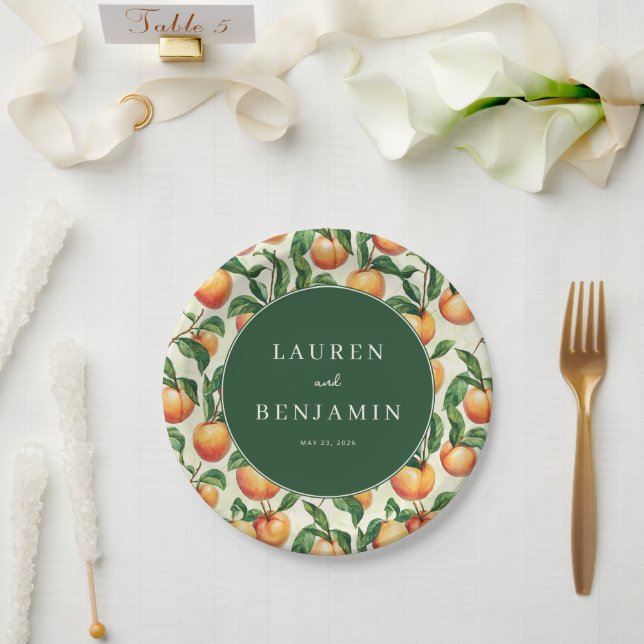 Whimsical Green Peach Illustration Paper Plate (Wedding)