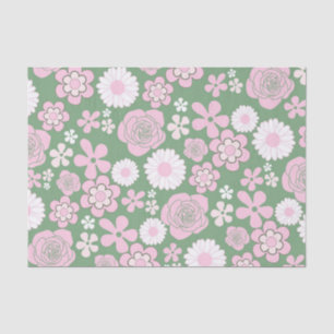 Whimsical Green Pink Retro Y2K Flower Pattern Tissue Paper