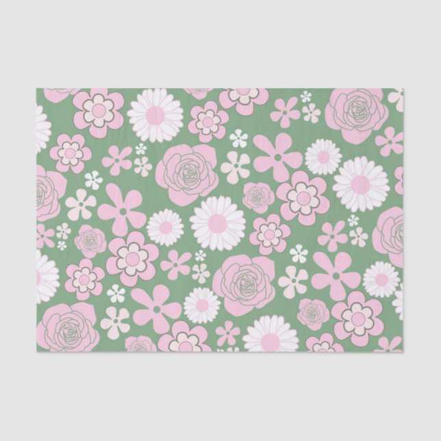 Whimsical Green Pink Retro Y2K Flower Pattern Tissue Paper (Front)