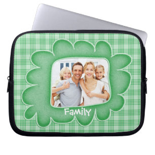 Whimsical Green Plaid Family Photo Laptop Sleeve