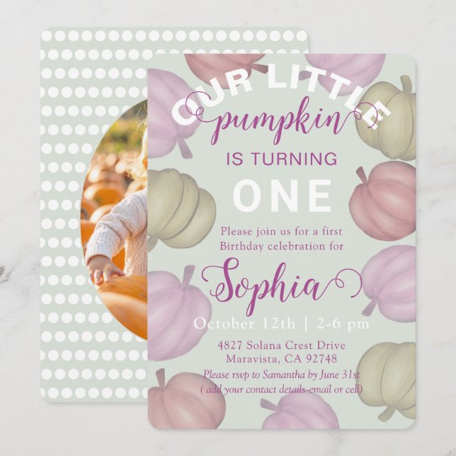 Whimsical Green Pumpkins & Photo Birthday Invitation (Front/Back)
