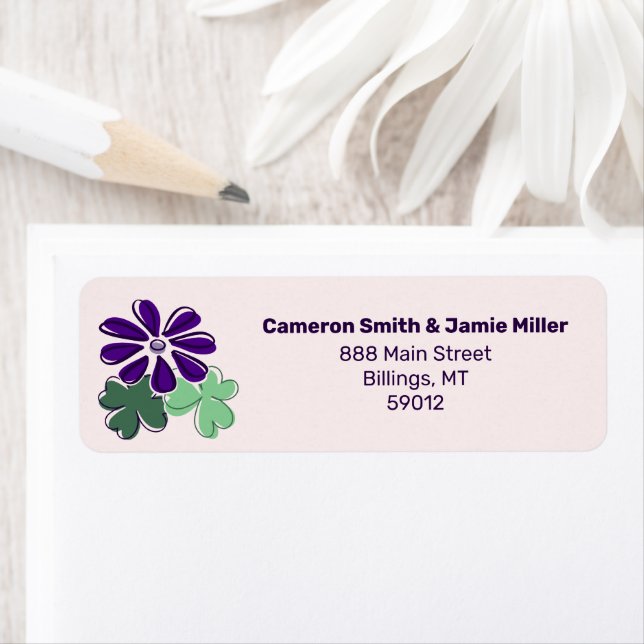 Whimsical Green & Purple Flower Return Address Return Address Label (Insitu)