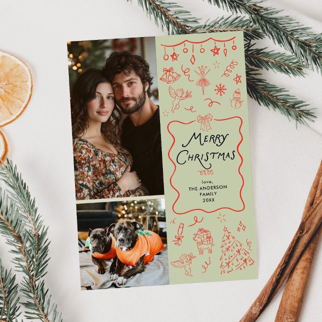 Whimsical Green Red Hand Drawn Christmas 2 Photo Holiday Card (Creator Uploaded)