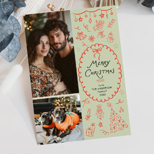 Whimsical Green Red Hand Drawn Icons 2 Photo Holiday Card