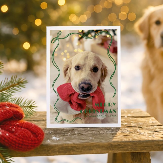 Whimsical Green Ribbon Pet Photo Merry Christmas Holiday Card (Creator Uploaded)