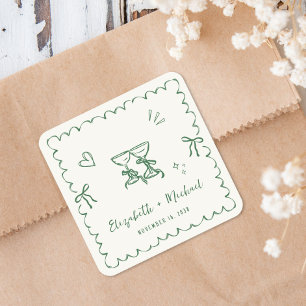 Whimsical Green Wavy Frame Cream Wedding Square Sticker