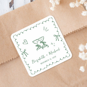 Whimsical Green Wavy Frame Wedding Square Sticker
