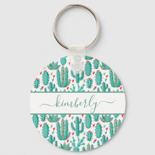 Whimsical green white pattern cactus monogram key ring