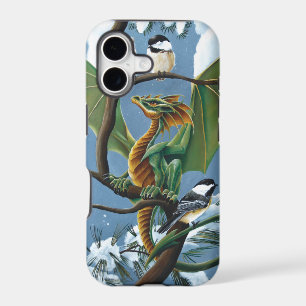 Whimsical Green Winter Fantasy Dragon Chickadees