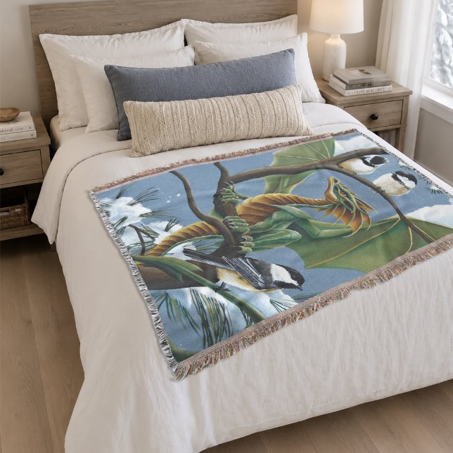 Whimsical Green Winter Fantasy Dragon Chickadees Throw Blanket (Creator Uploaded)