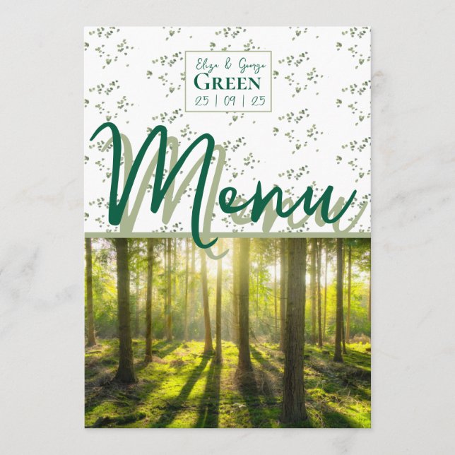 Whimsical green woodland wedding menu (Front)