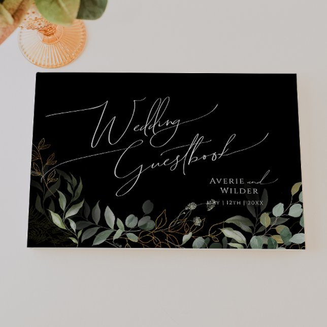 Whimsical Greenery and Gold | Black Wedding Guest Book (Creator Uploaded)