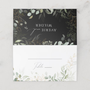 Whimsical Greenery and Gold   Black/White Folded Place Card