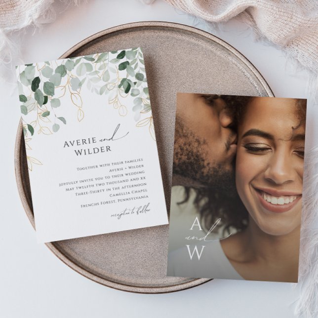 Whimsical Greenery and Gold Monogram Photo Wedding Invitation (Creator Uploaded)