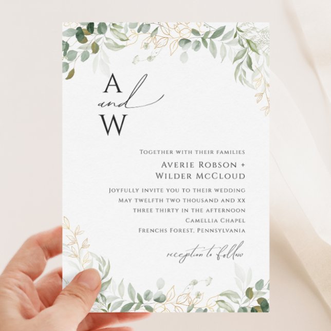 Whimsical Greenery and Gold Monogram Wedding Invitation (Creator Uploaded)