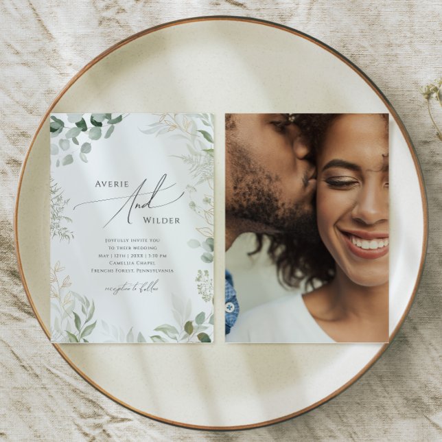 Whimsical Greenery and Gold Photo Casual Wedding Invitation (Creator Uploaded)