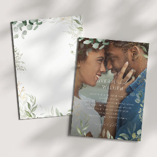 Whimsical Greenery and Gold Photo Frame Wedding Invitation