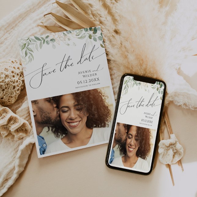Whimsical Greenery and Gold Photo Save The Date (Creator Uploaded)